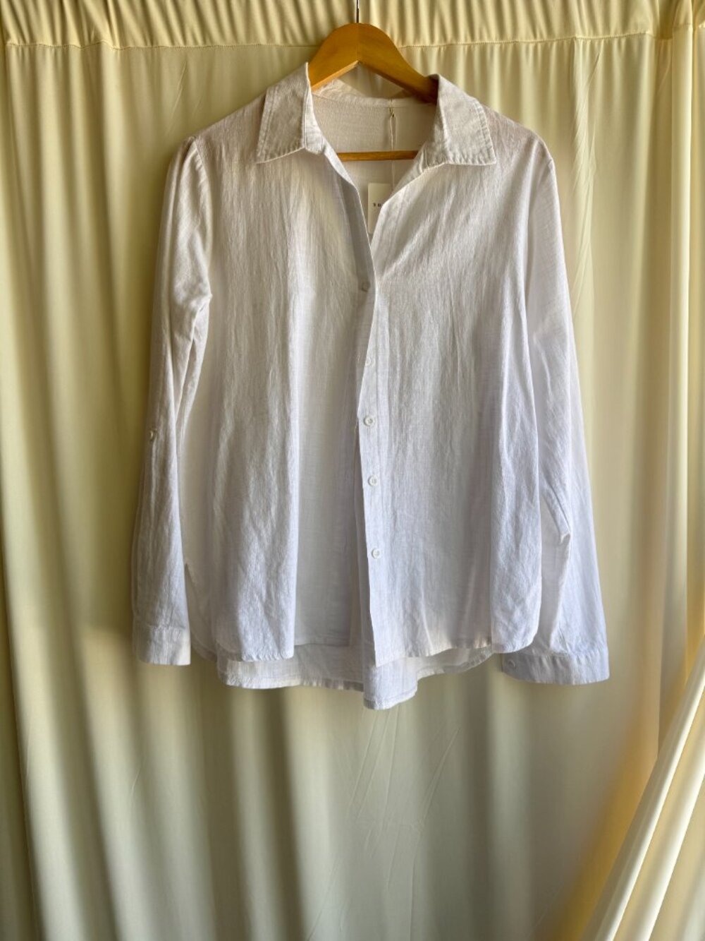 White Cotton Linen Button Front Shirt Medium Relaxed Minimalist Blouse